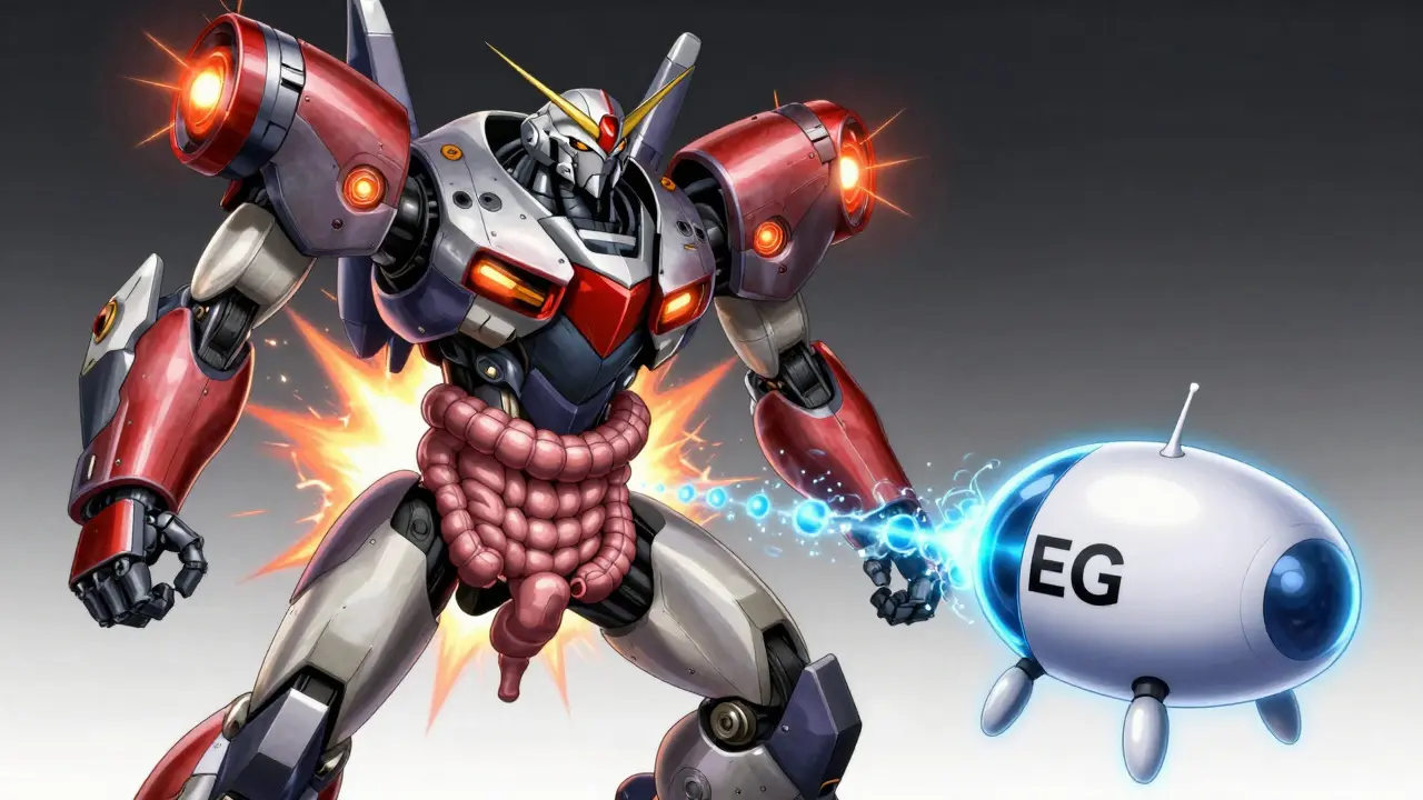 A fierce stimulant mech with sparking thrusters versus a calm osmotic drone pulling in blue water particles, symbolizing relief methods.