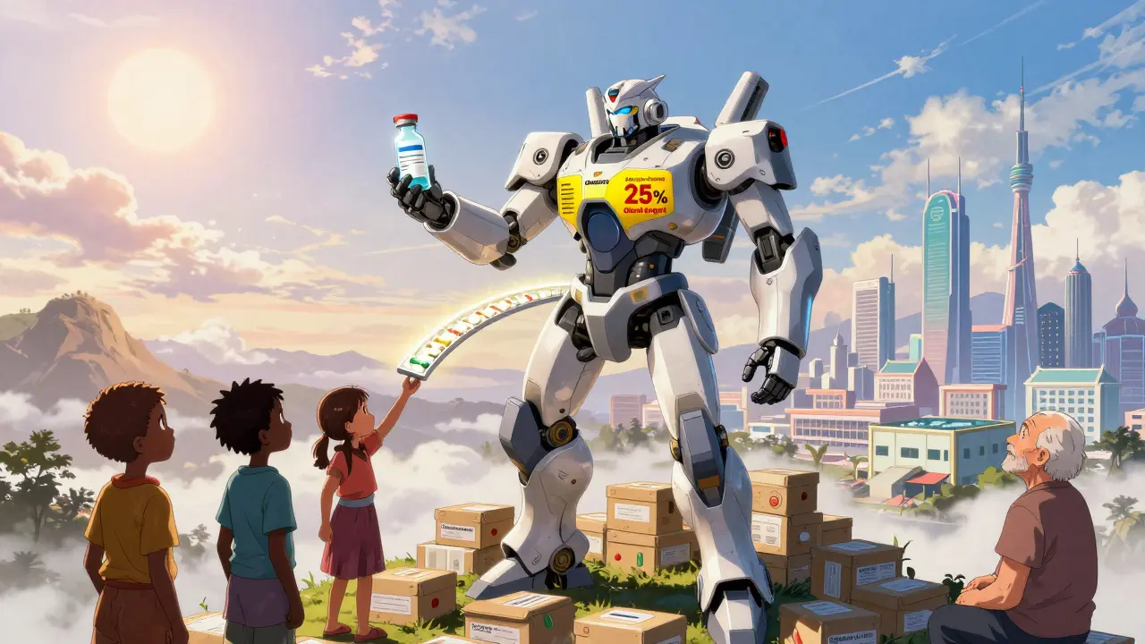 A heroic mech symbolizing India's pharma industry delivering life-saving drugs to patients worldwide under the Pharma Vision 2047 sun.