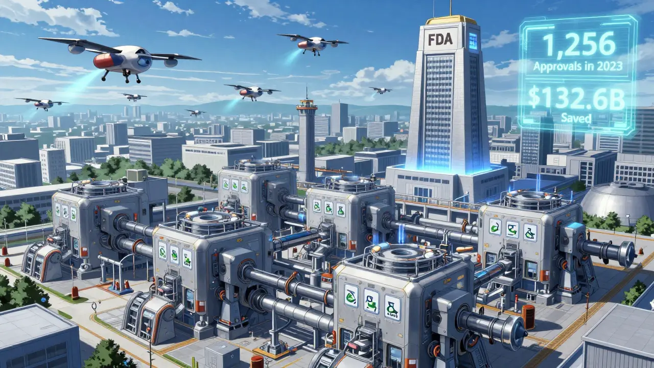 A high-tech drug factory with mecha units and drones delivering generics under FDA compliance stats.