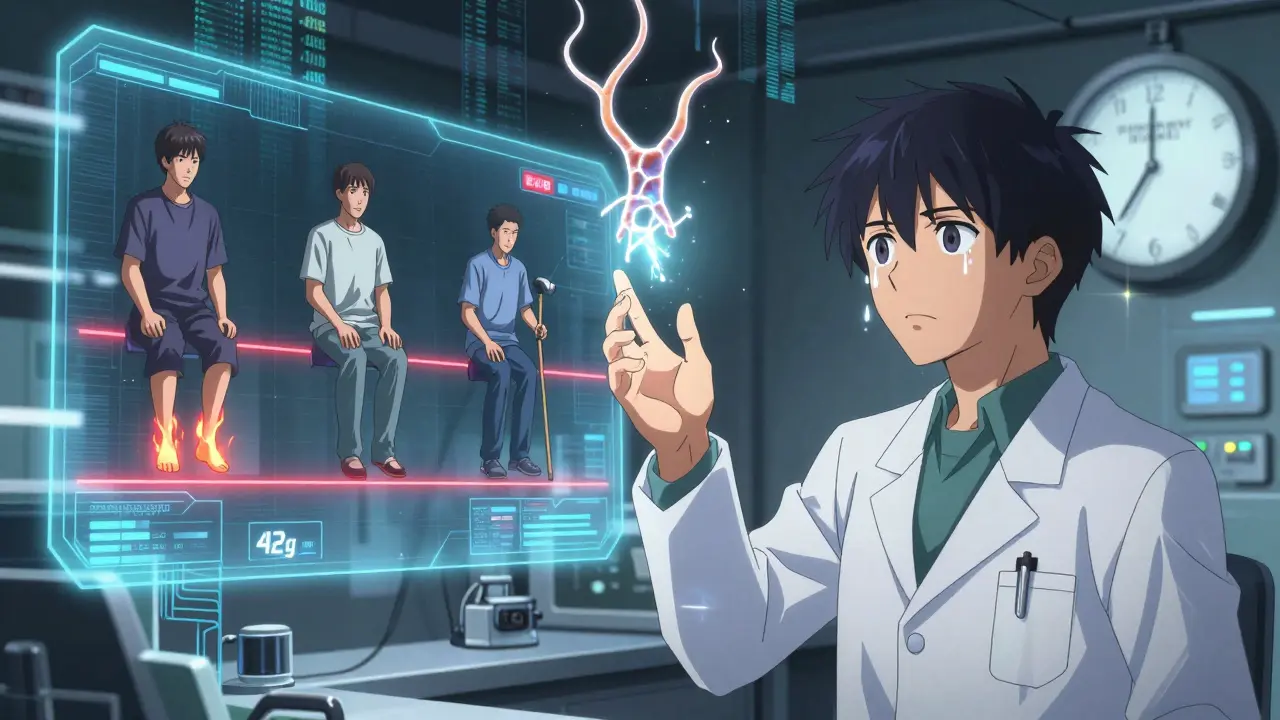 A neurologist grasping a fractured nerve filament, holograms of affected patients behind, countdown clock visible in mecha anime style.