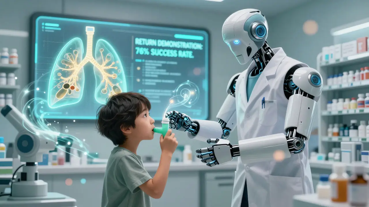 A patient learns to use an inhaler with guidance from a mechanical pharmacist, surrounded by floating medical diagrams.