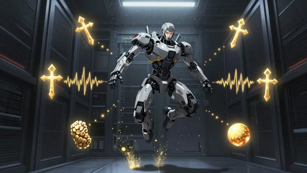 A person doing jumping jacks surrounded by floating sensory elements representing the 5-4-3-2-1 grounding technique.