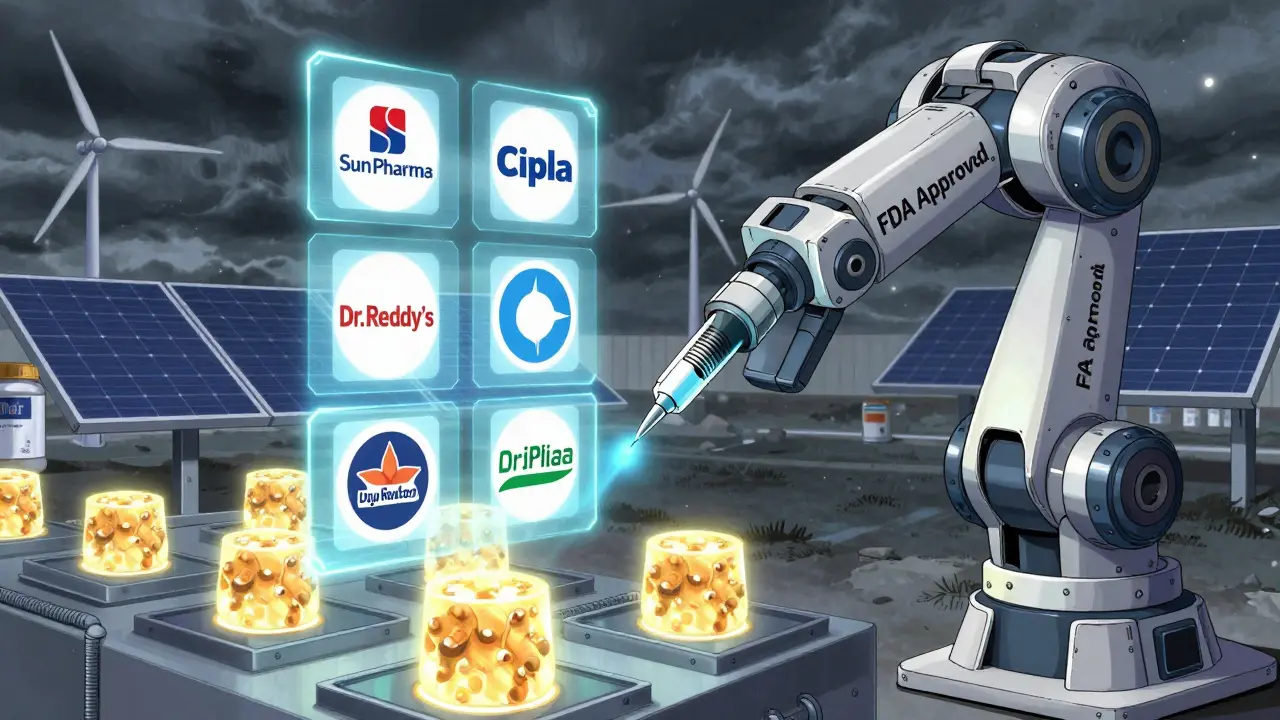 A robotic arm assembling biosimilars with holograms of Indian pharma companies, replacing Chinese API imports with domestic ones.