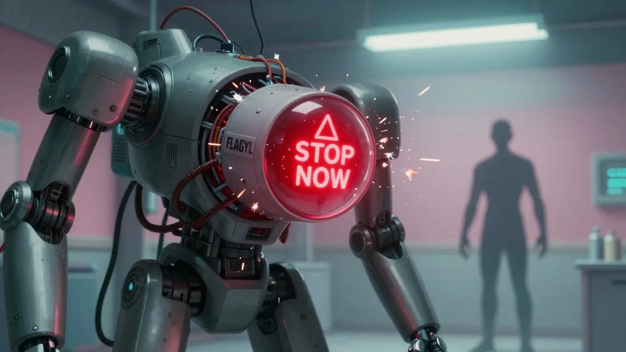 A robotic limb disconnecting from a giant metronidazole pill machine, sparks flying, warning icon flashing in mecha anime style.
