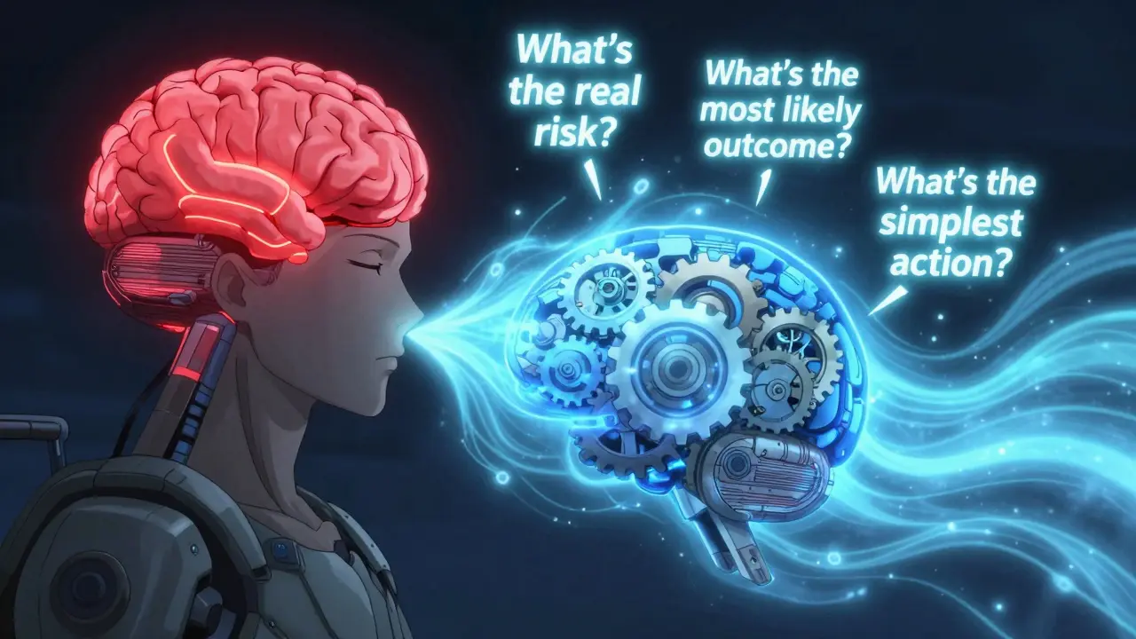 A stylized brain with red panic center being restored by blue calming energy from breathing techniques.