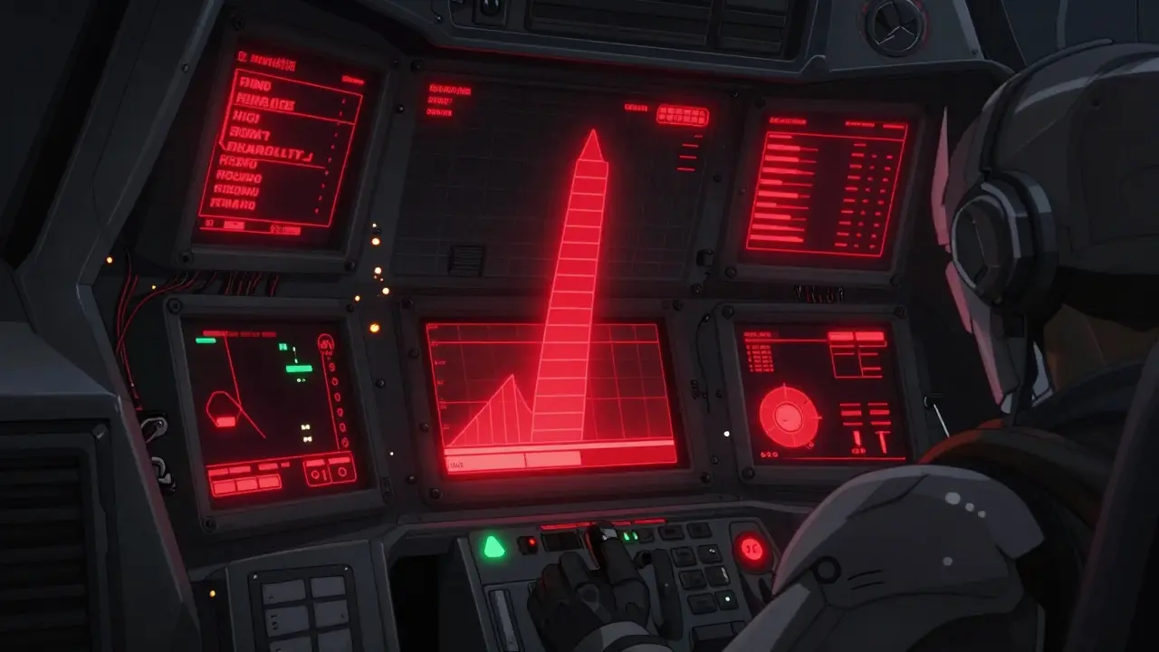 Cockpit view with red warning lights indicating high dosage risk levels.