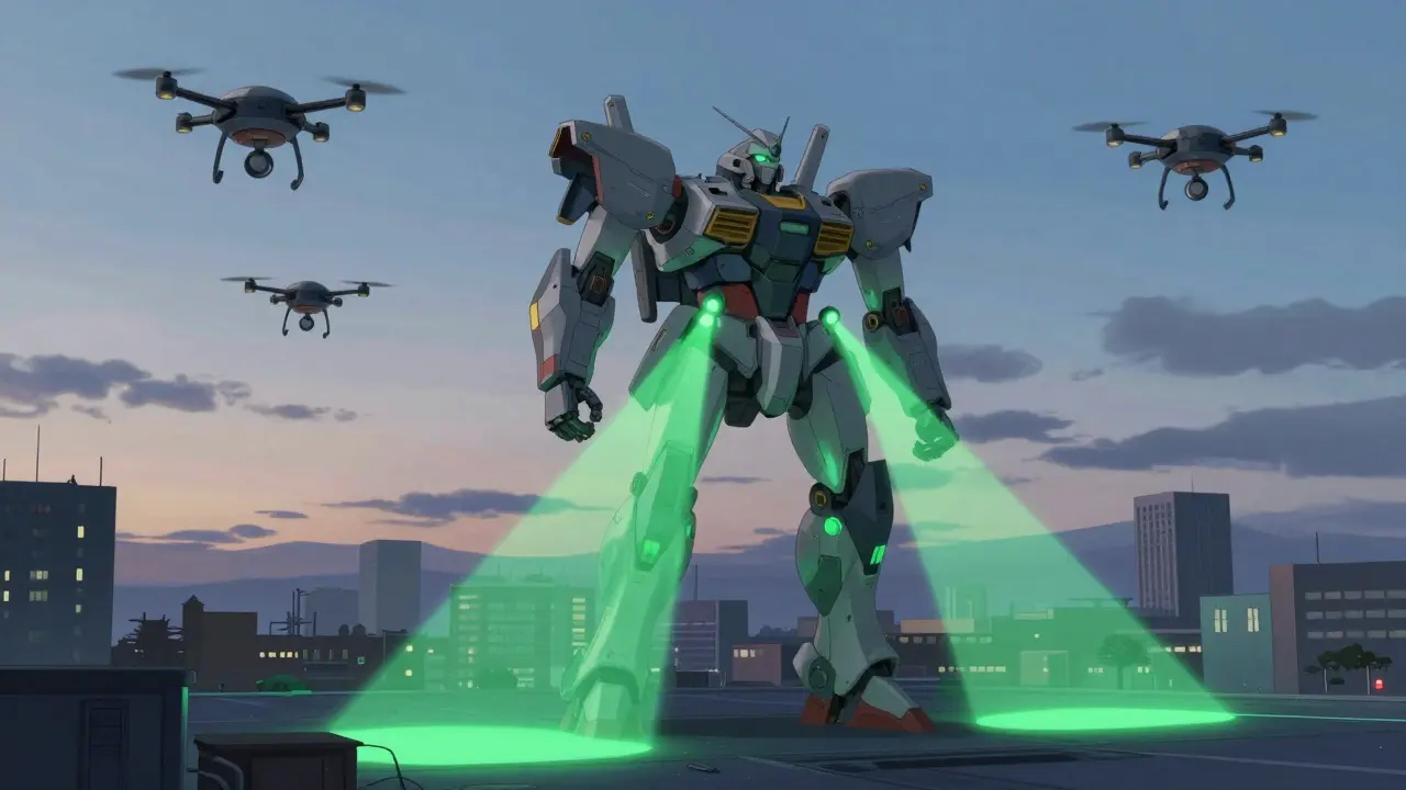 Guardian mech hovering with green safety beams monitoring a city below.