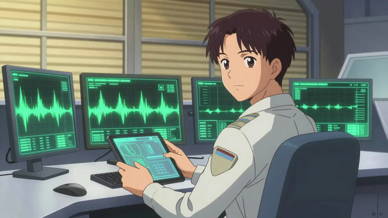 Pilot checking green diagnostic lights on a console before starting vehicle.