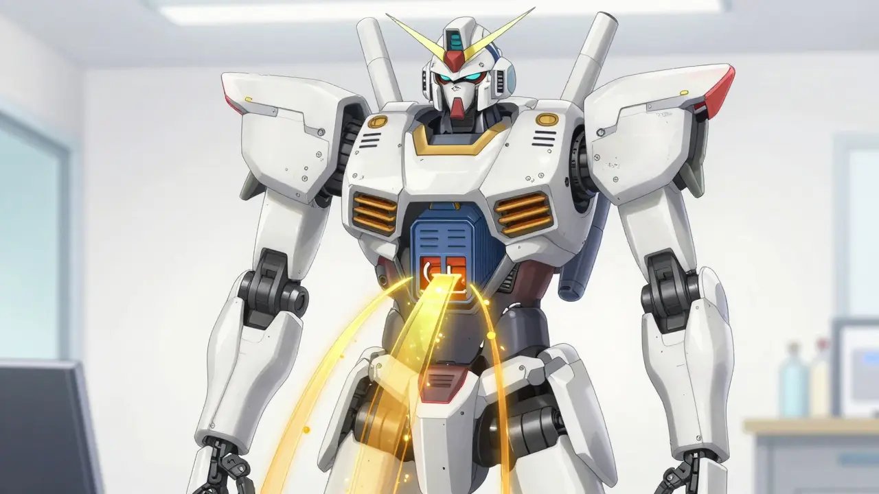 Robot receiving golden energy streams during system calibration.