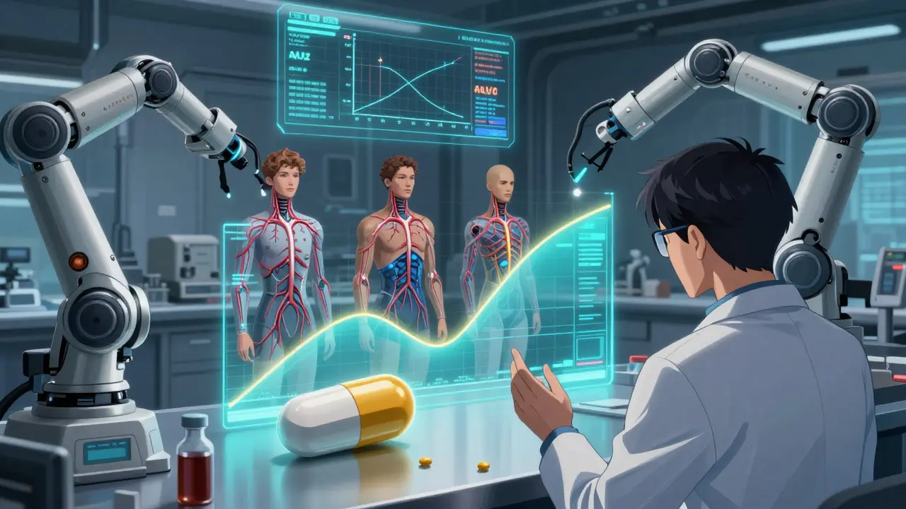 Robotic arms analyzing blood absorption of generic and brand-name drugs with glowing metrics.