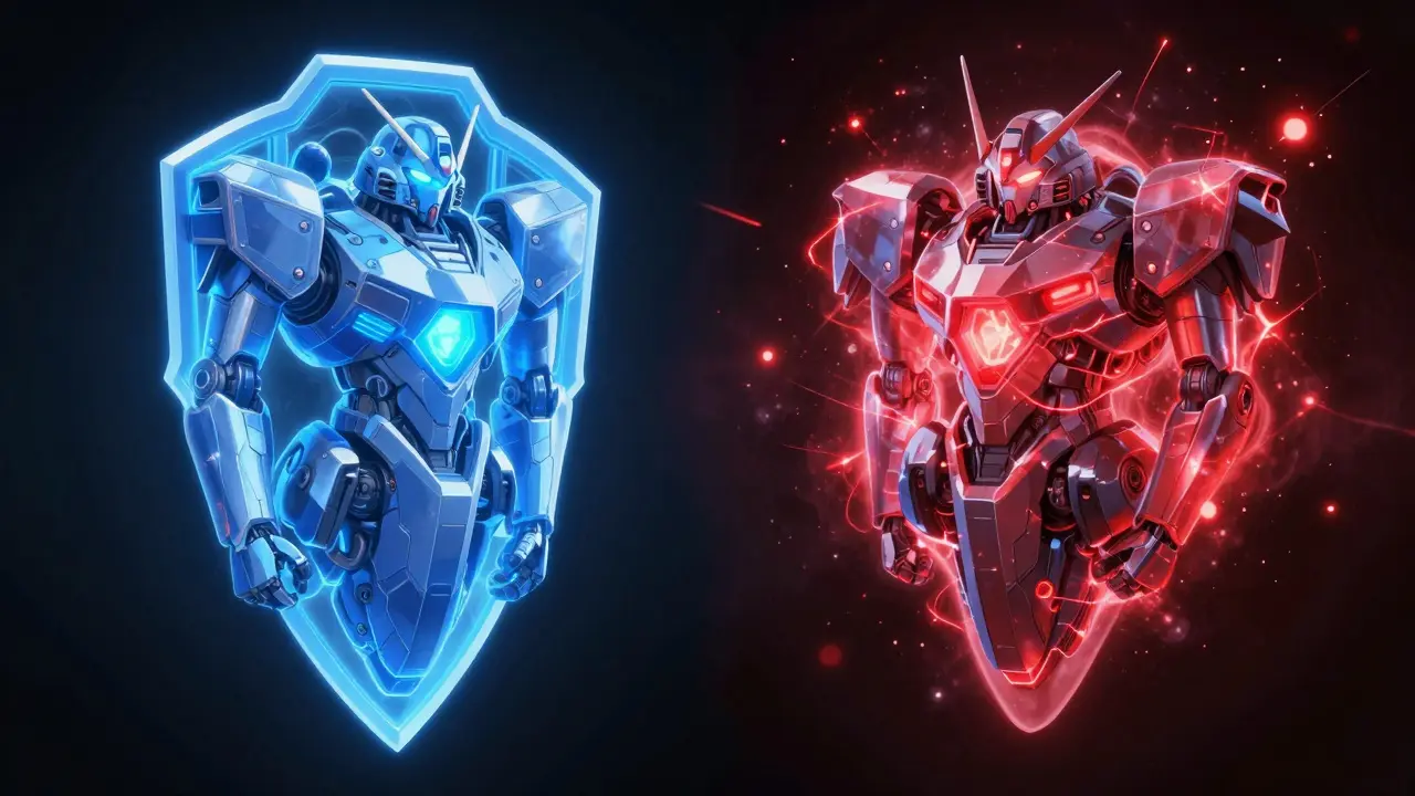 Two mechanical cores comparing stable blue shield versus chaotic red energy.