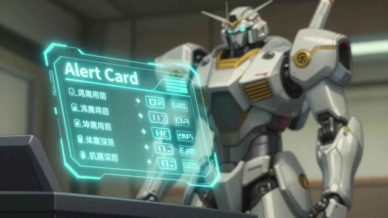 A futuristic mecha cockpit displaying a holographic medical alert card on a HUD.