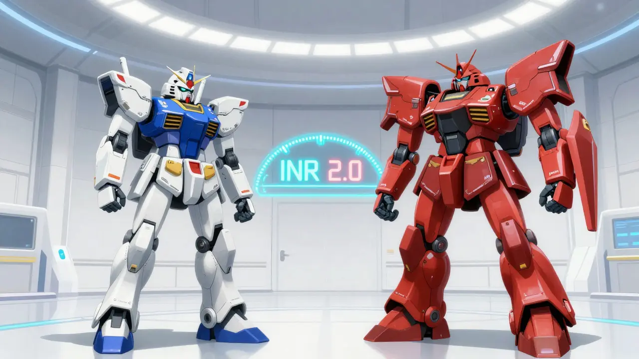 A modern white mecha replacing an older red mecha next to a digital INR gauge.