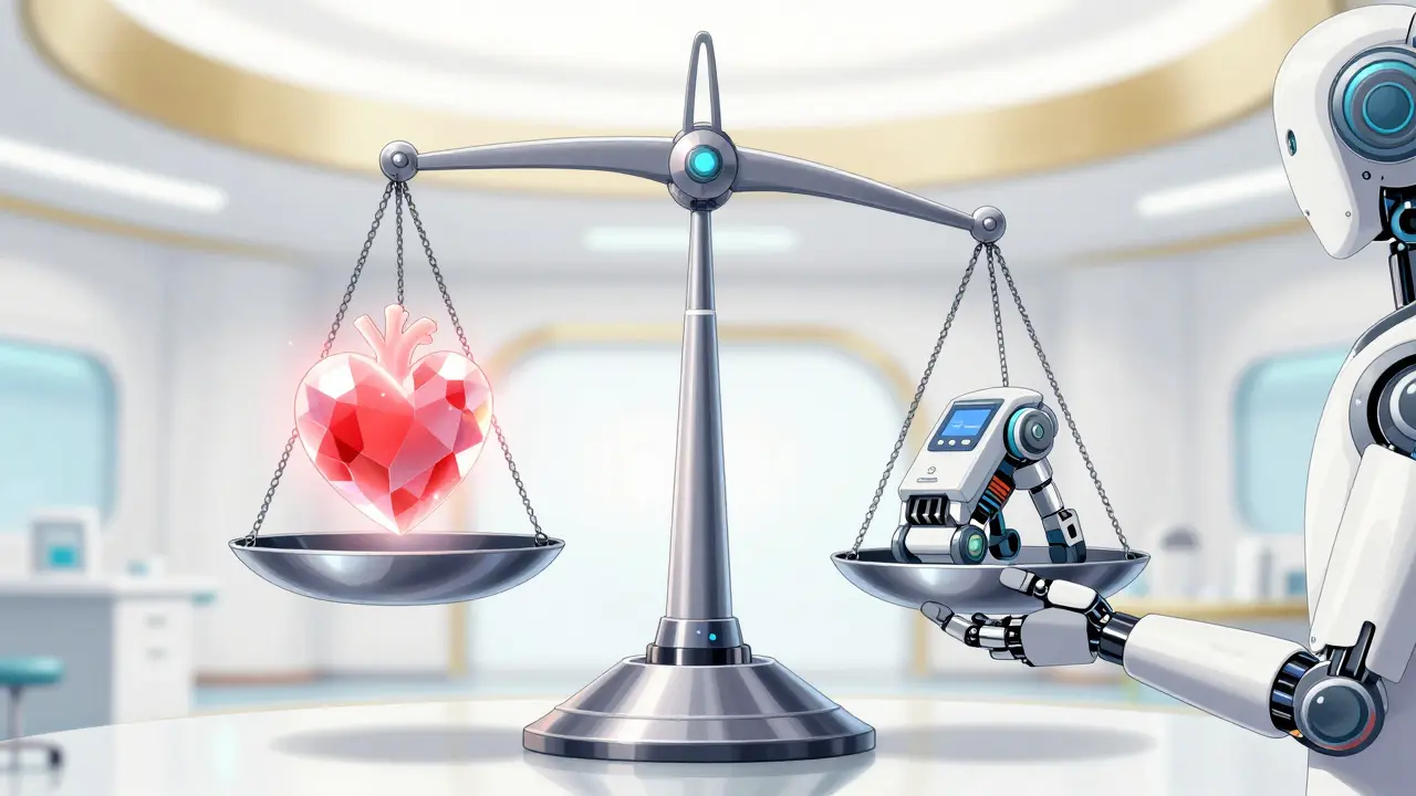 Anime mecha style robotic arm balancing a crystalline heart and a psychiatric stability device on a scale.