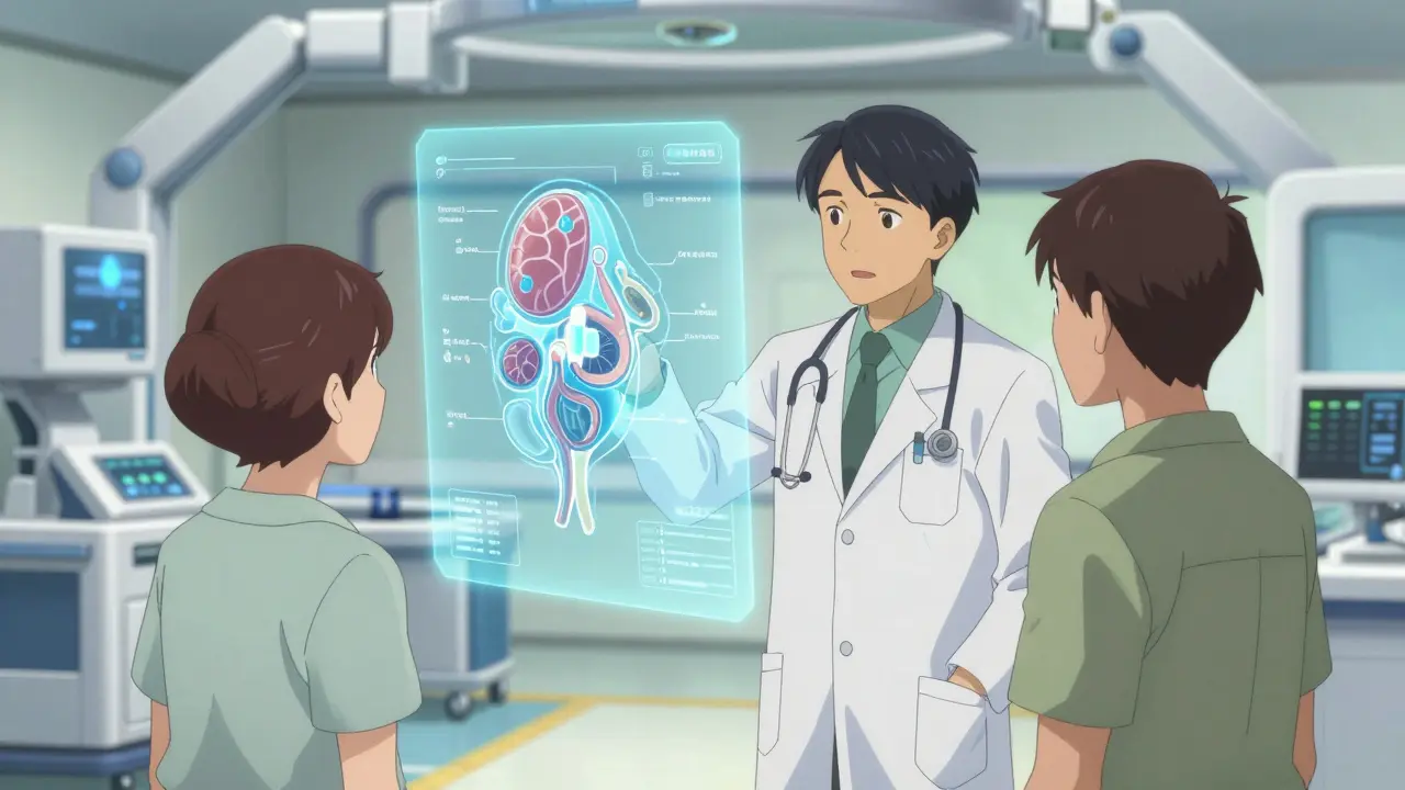 Anime style doctor and patient reviewing a futuristic holographic biological blueprint.