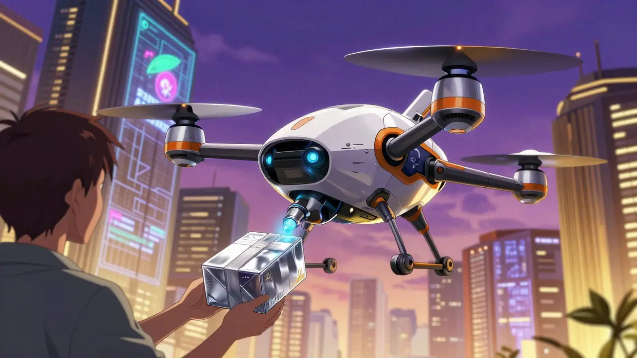 Futuristic medical drone delivering a pharmaceutical package in a cyberpunk city