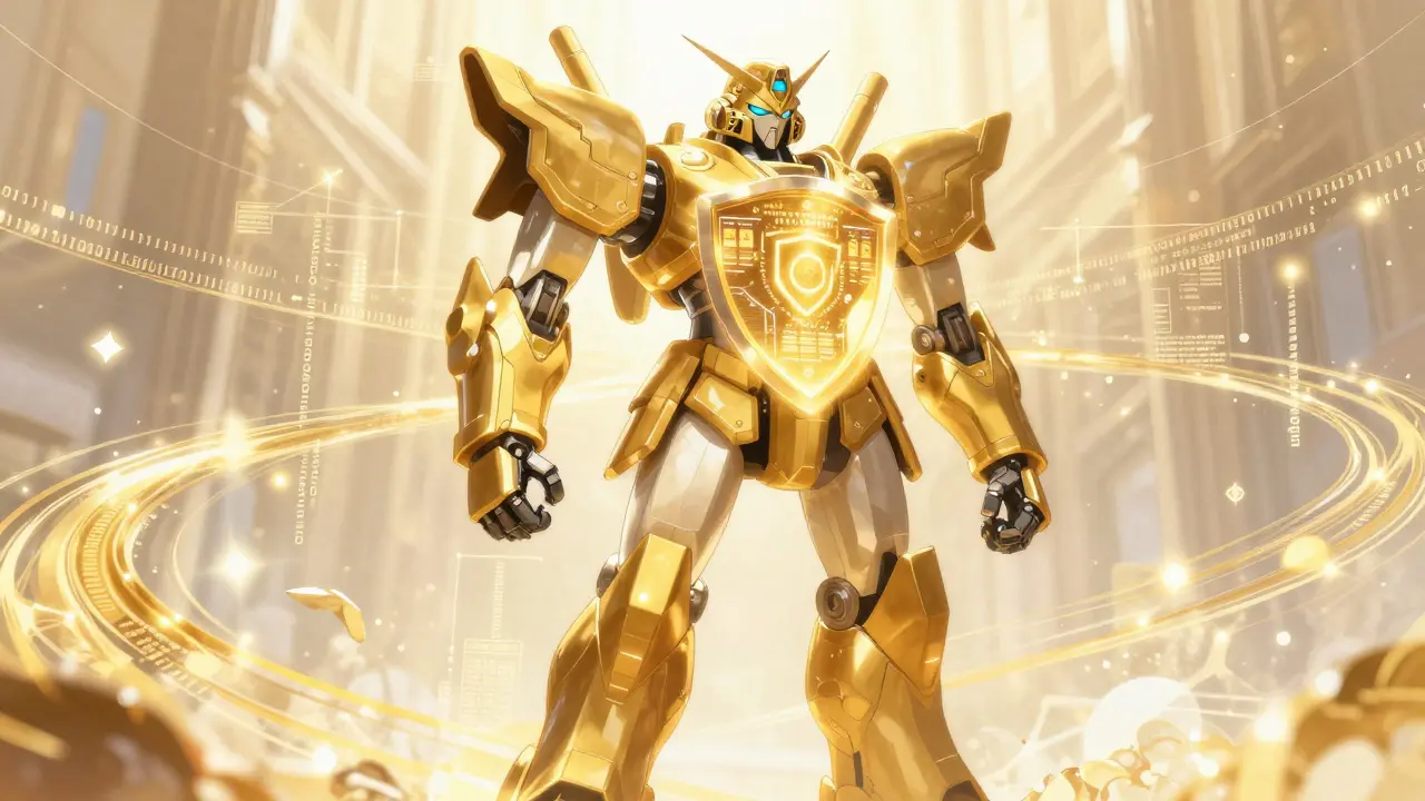 Golden mecha shield protecting a digital pharmacy portal