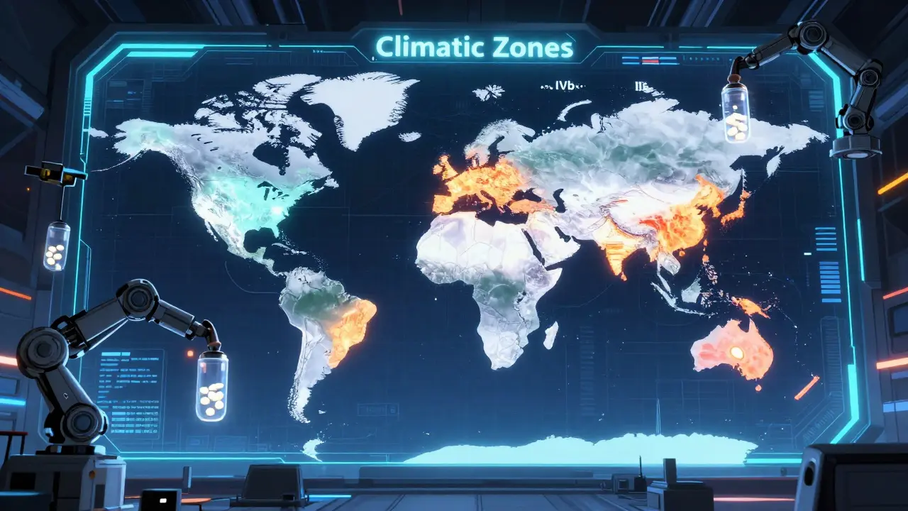 Holographic global map showing climatic zones for drug stability in mecha anime style.