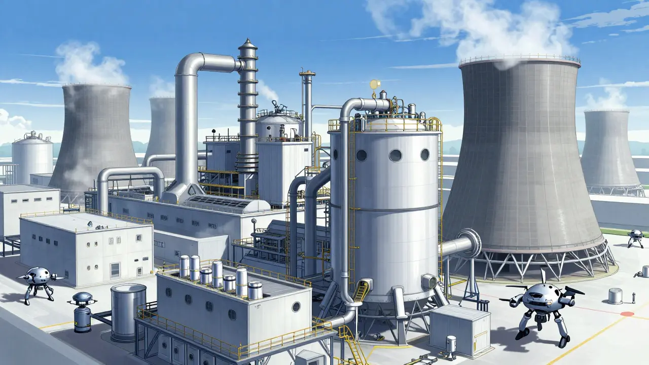 Massive high-tech vaccine factory complex with mecha drones and cold storage silos.