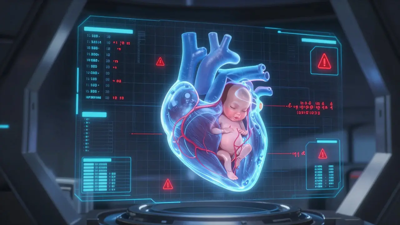 Mecha anime holographic projection of a fetal heart with red warning data and blue grid lines.