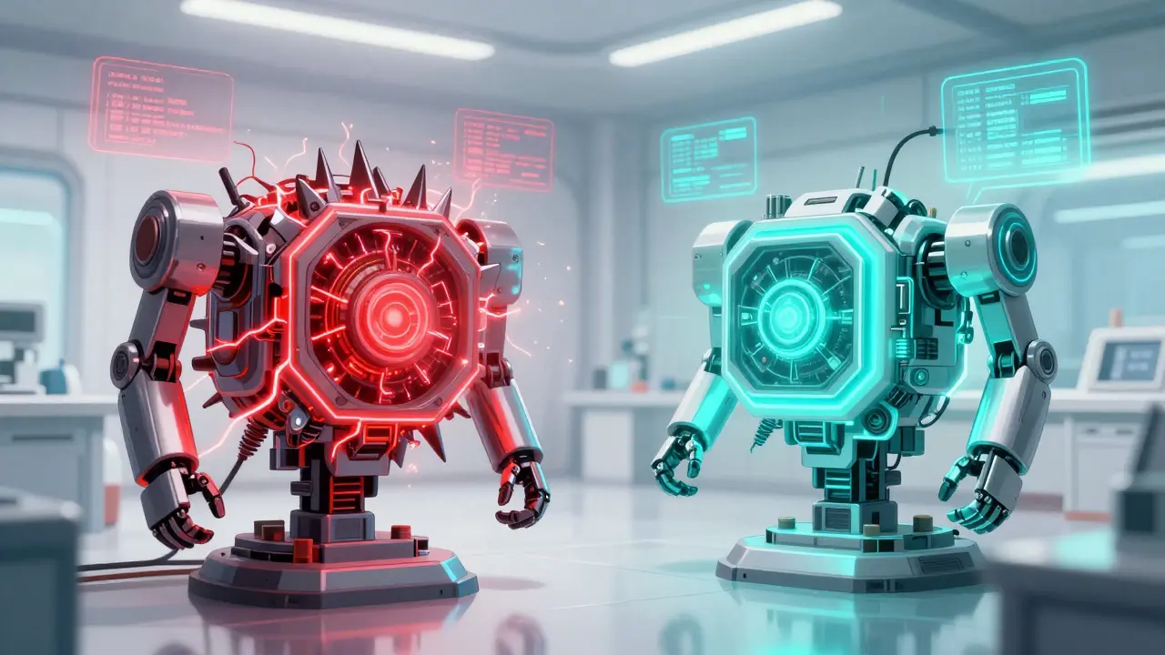 Mecha style comparison of an unstable red energy core and a stable teal energy core.