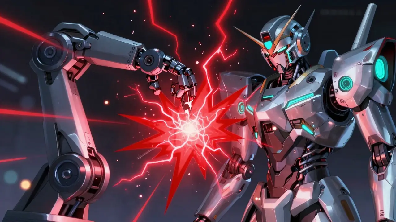 Mechanical robotic arm stabilizing a volatile red energy core with teal lights