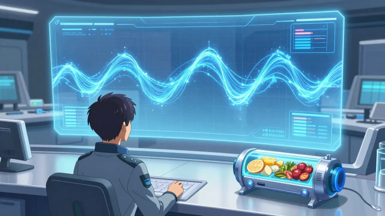 Pilot in a futuristic cockpit monitoring a steady blue energy wave on a hologram