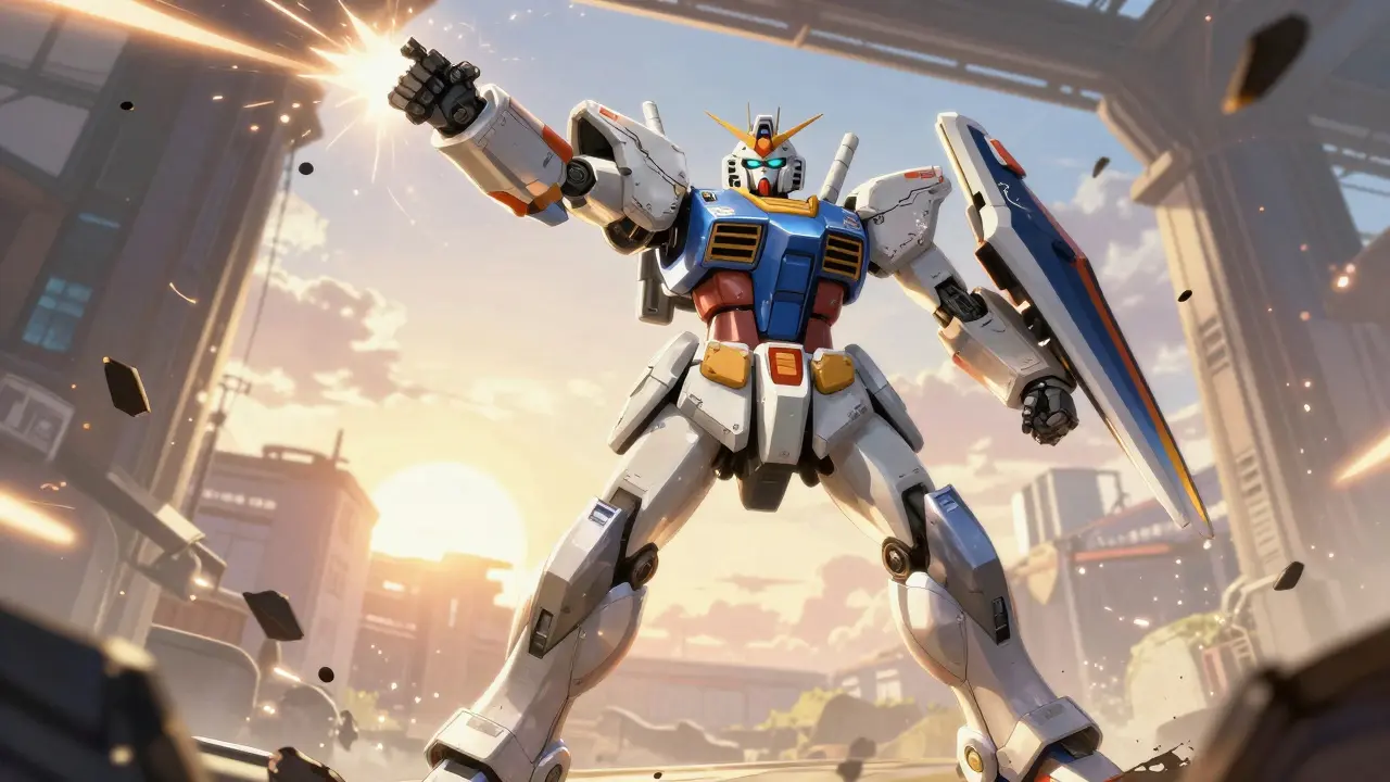 Polished mecha robot successfully stretching its arm upward in a sunlit hangar