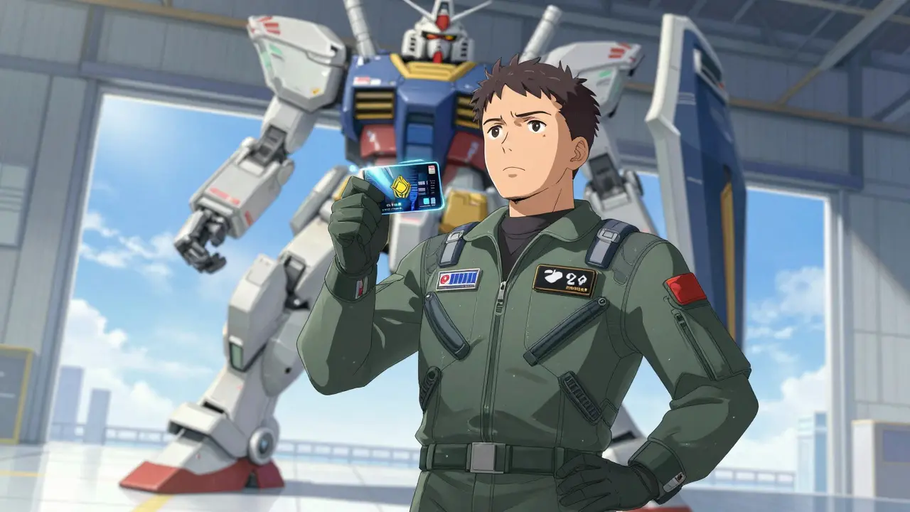 Relieved mecha pilot in a sunny hangar holding a futuristic payment card.