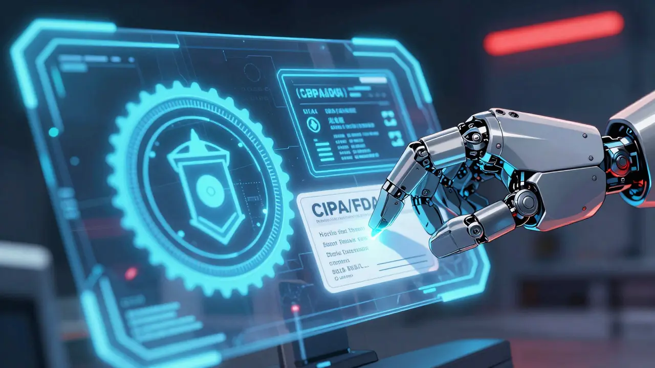 Robot hand scanning a digital prescription with a holographic security certification