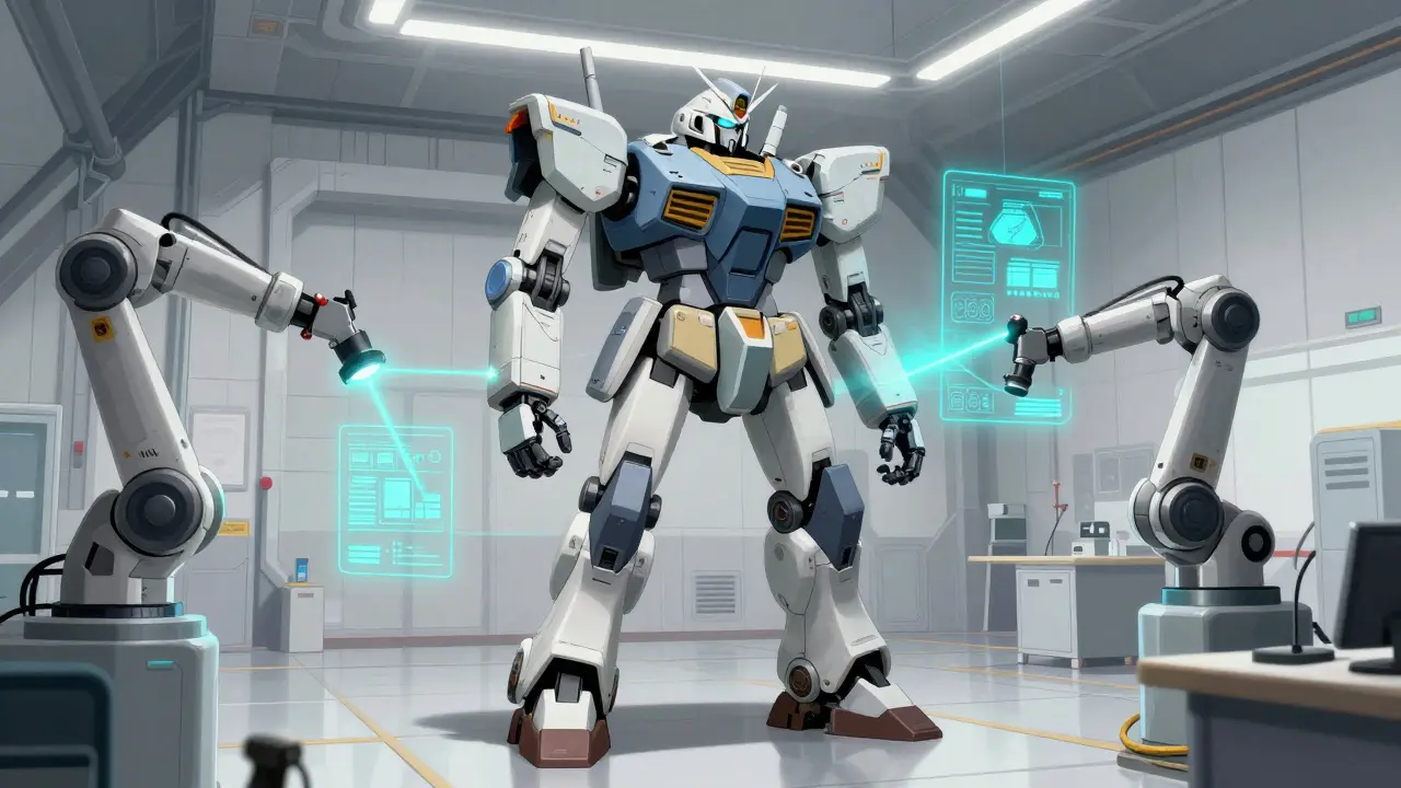 Robot in a futuristic hangar performing a pendulum exercise with holographic scanners