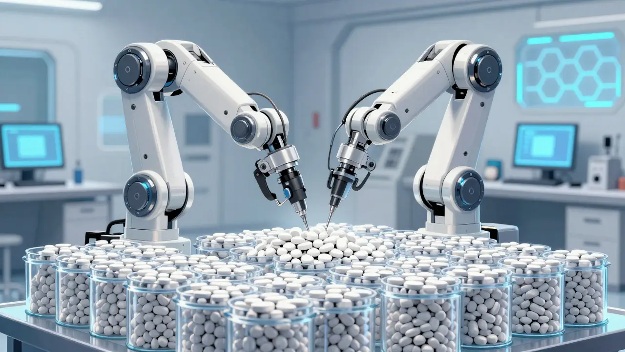 Robotic arms assembling bulk white generic medication tablets in a futuristic lab.