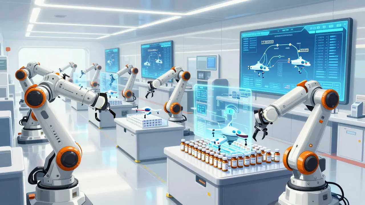 Robotic arms in a high-tech pharmacy preparing medicine for delivery