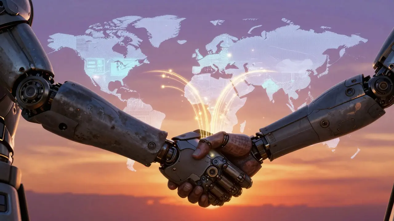 Two robotic hands shaking over a holographic map of Africa with flowing data streams.