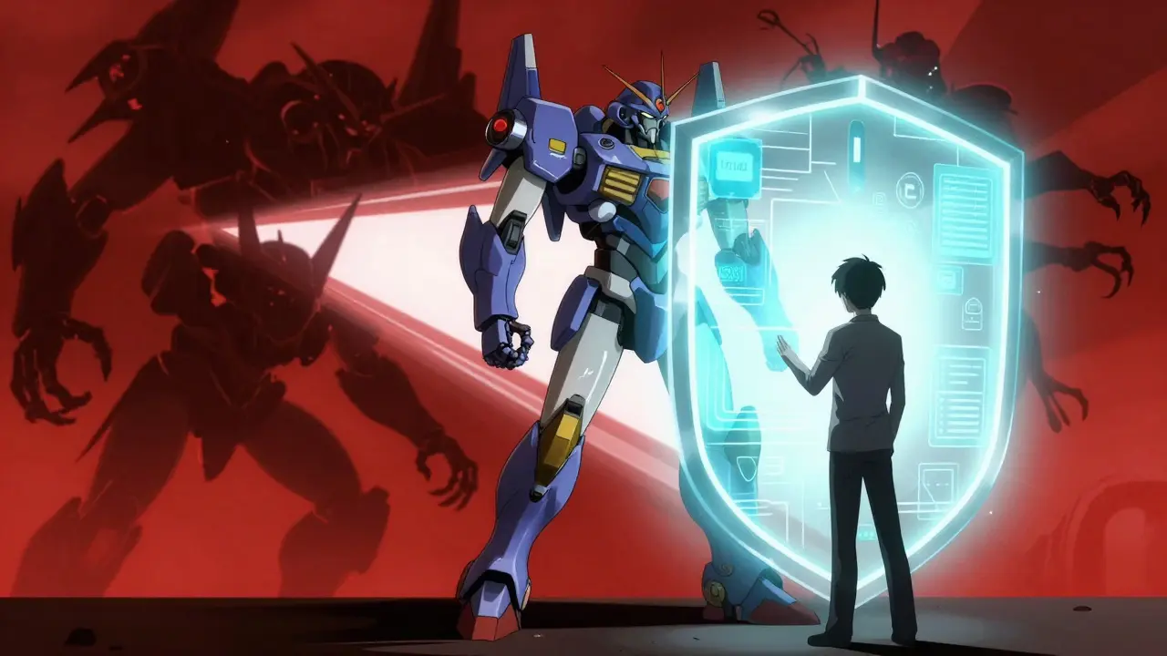 A mecha warrior shielding a user from dark cyber threats.