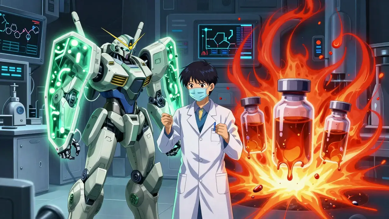 Anime robot analyzing sturdy solid pills versus fragile, degrading liquid medicines in a lab.