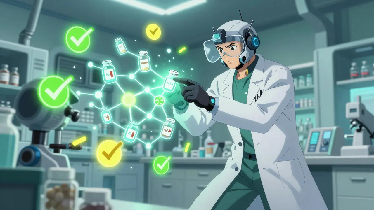 Anime style pharmacist analyzing drug interactions in a high-tech lab