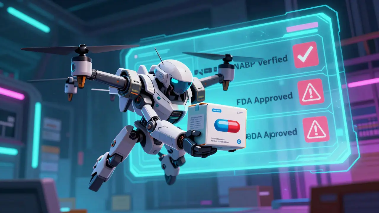 Armored drone delivering verified medication package with digital approval checks.