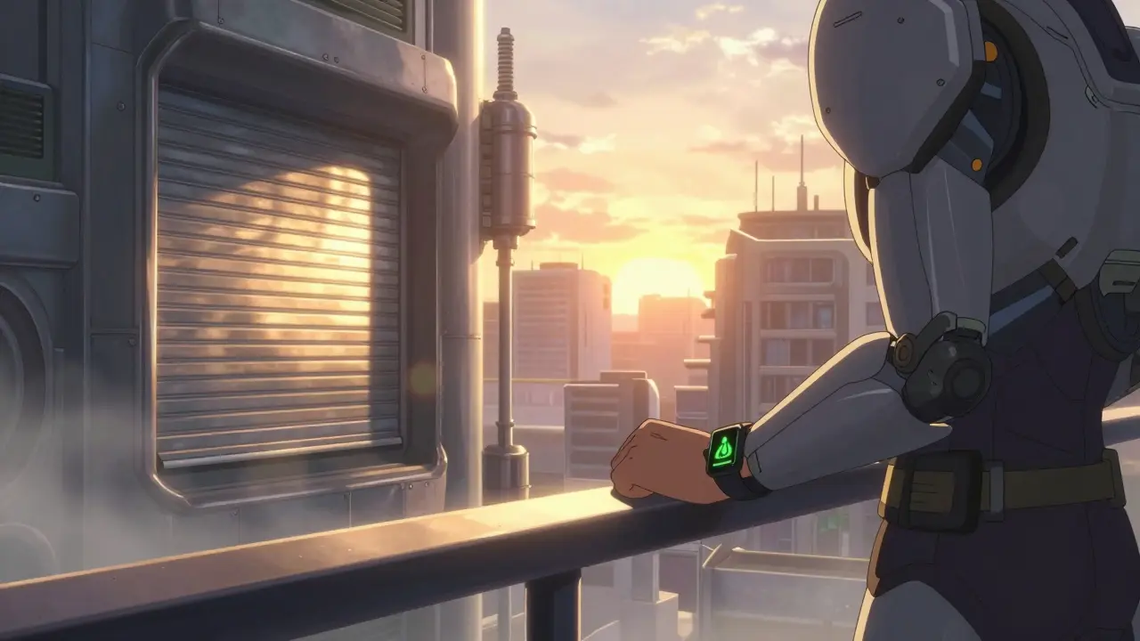 Character checking smartwatch at sunrise in a futuristic mecha city