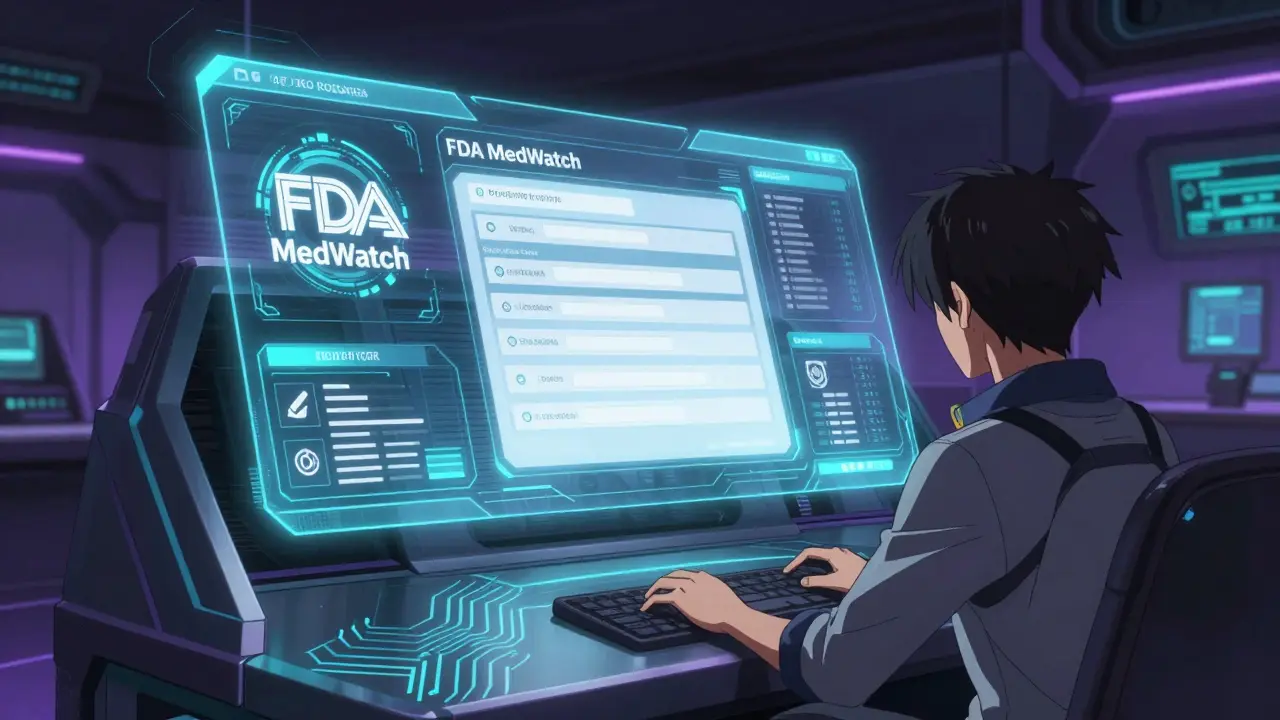 Character submitting report on holographic console in cyber room