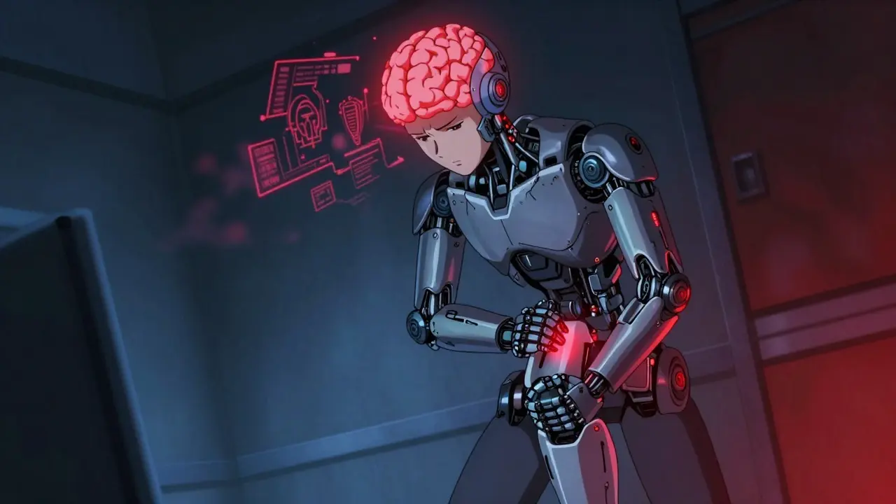 Cyborg character experiencing phantom pain caused by mental projections