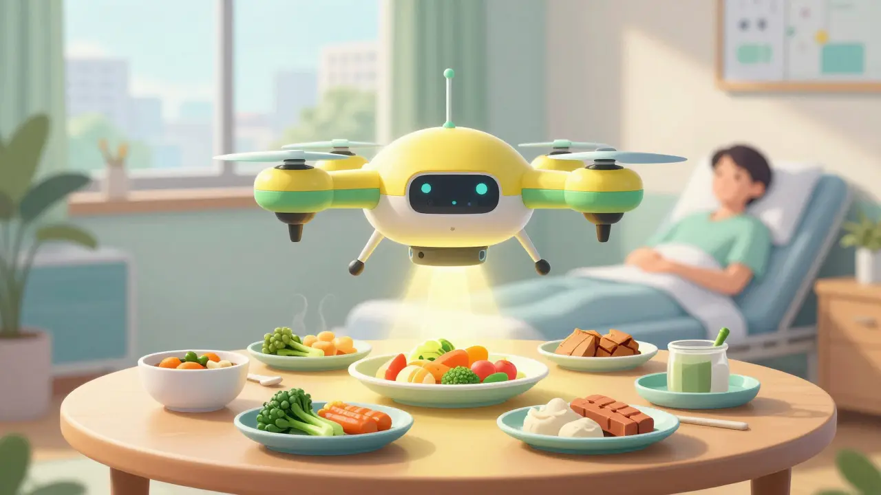 Friendly drone assisting with healthy meal preparation