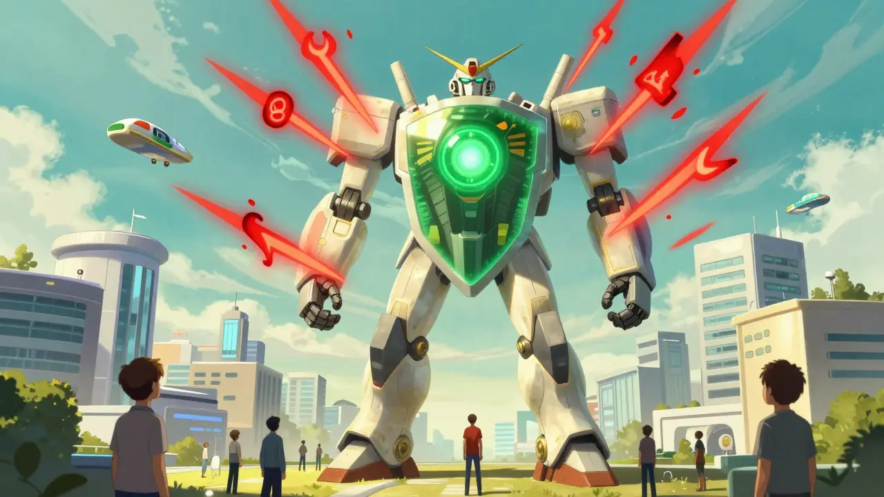 Giant mecha robot shielding city from red error energy spikes