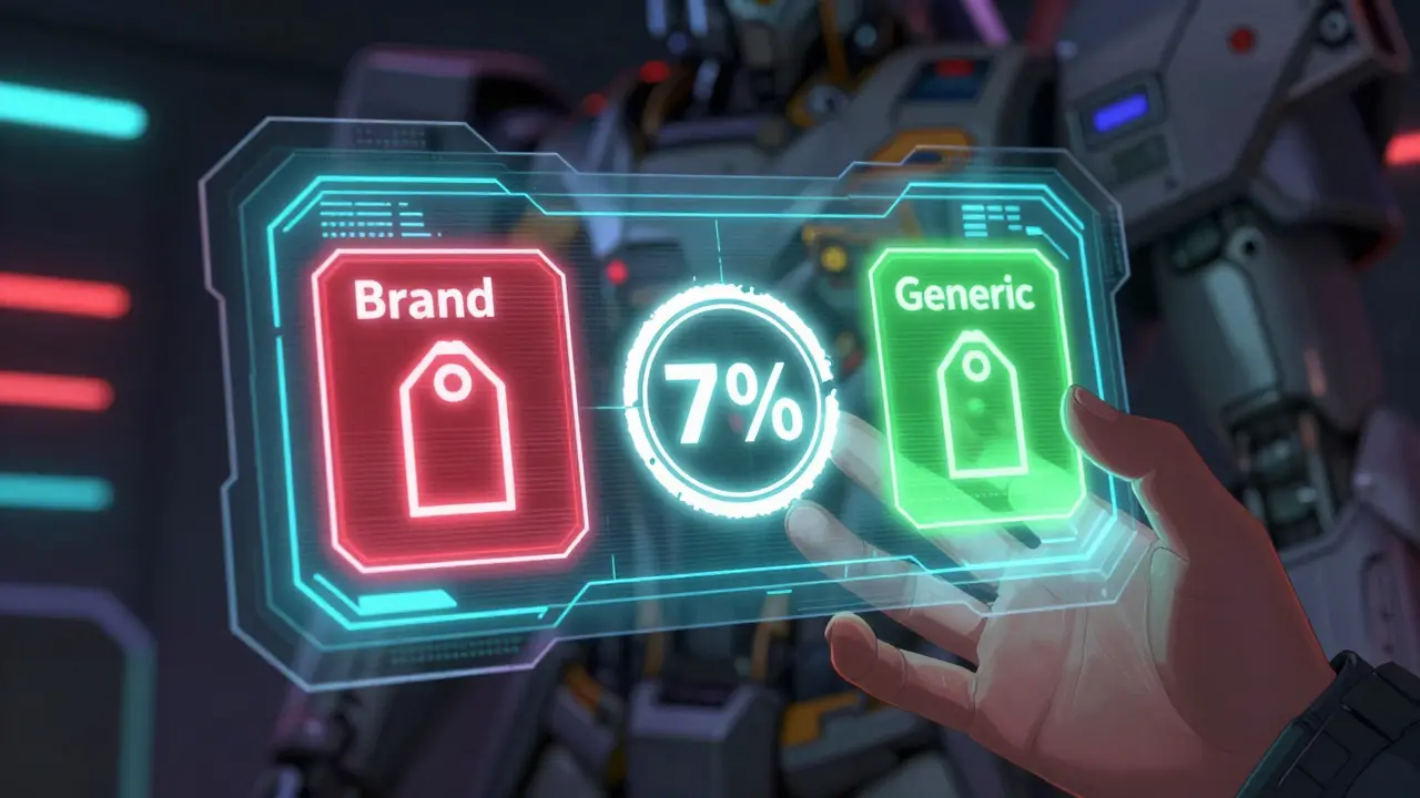 Holographic display comparing expensive brand vs cheap generic drug prices.