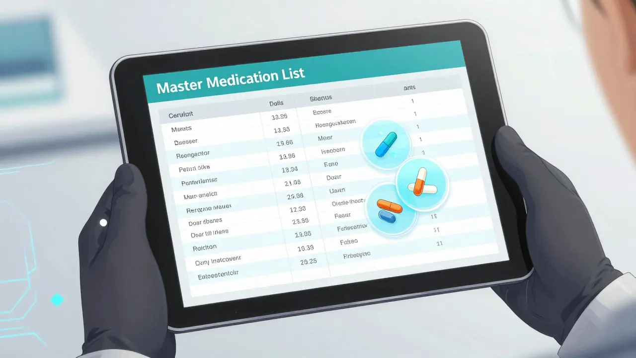 Mecha anime illustration of a digital master medication list on a tablet