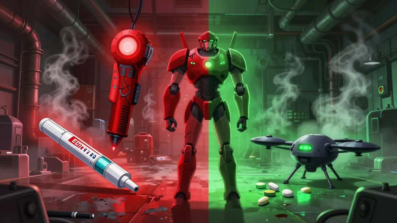 Mecha character choosing between dangerous expired emergency meds and safe common pills.