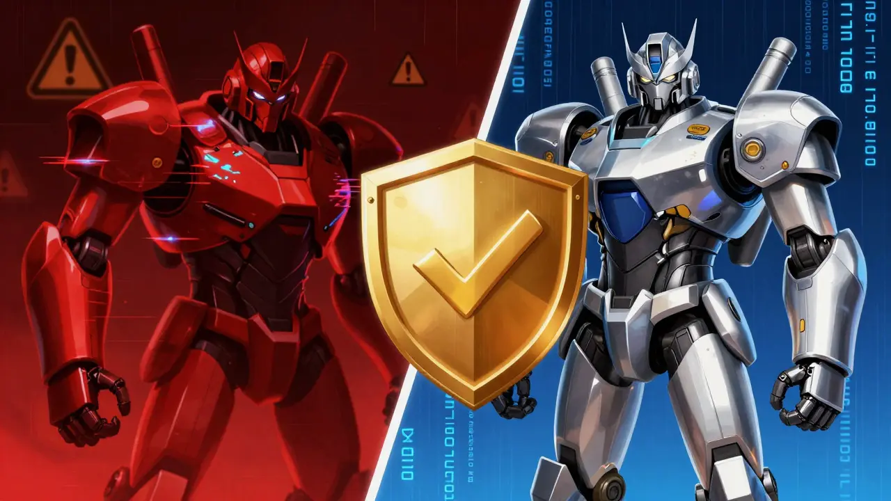 Mecha robot shield protecting against fake pharmacy threats in anime art.