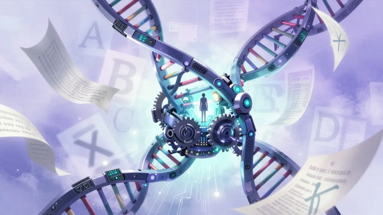 Mechanical DNA structure protecting a human figure from outdated data