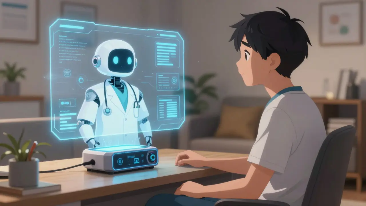 Person consulting a holographic telemedicine robot