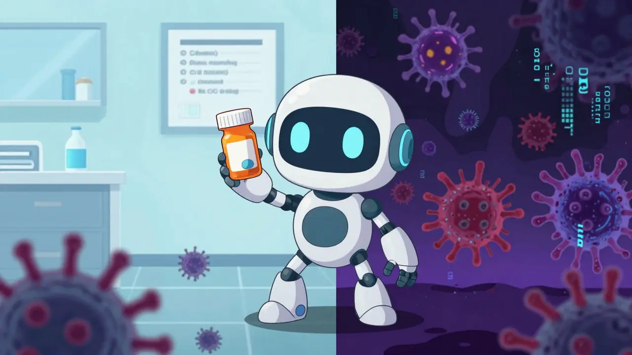 Robot guarding pills against shadowy bacteria, illustrating safe antibiotic usage.